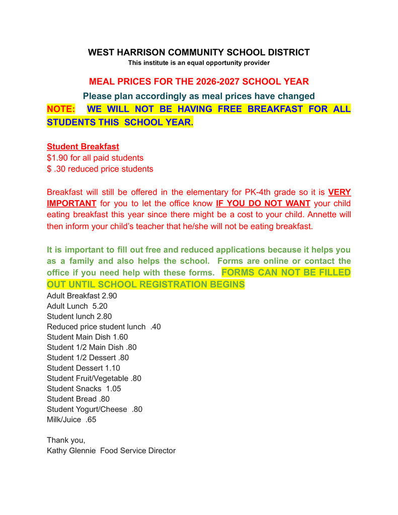 2026-2027 Meal Prices and Information