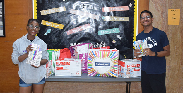 Key Club President Jamason Caddle, right, and Key Club member Anasha Abdur-Rahman recently led called “Bravery Bags,” designed to bring comfort, encouragement, and smiles to children facing medical treatments, emergency room visits, or extended hospital stays. 
