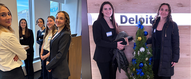 Five women in formal attire stand in an office setting with city views. Nearby, two women pose by a decorated tree and a "Deloitte" sign, smiling confidently.