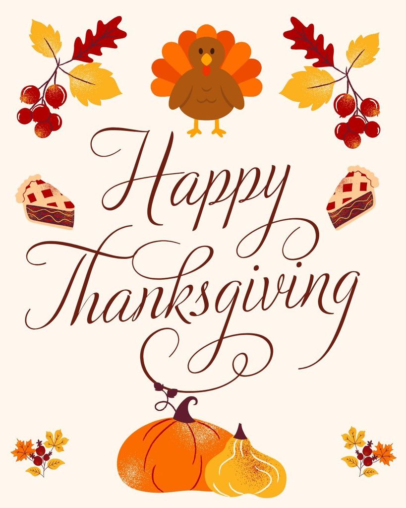 Image with cartoon turkey and autumn leaves that reads Happy Thanksgiving.