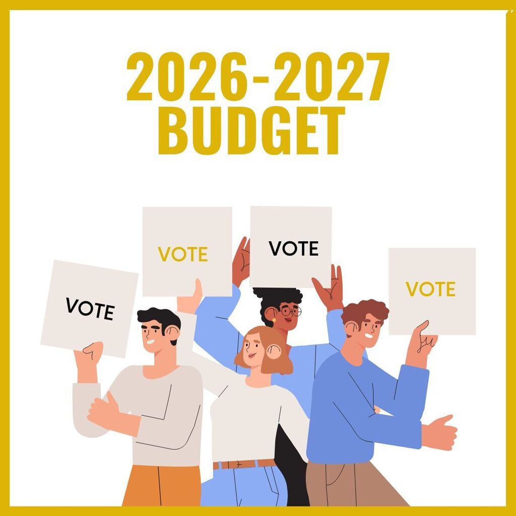 Cartoon image of people holding signs that reads, "vote" with yellow text above that reads 2026-2027 budget.