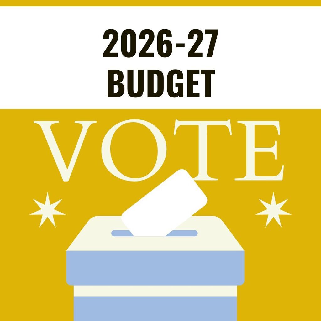 Photo of mailbox with an envelope with text above that reads 2026-27 Budget Vote