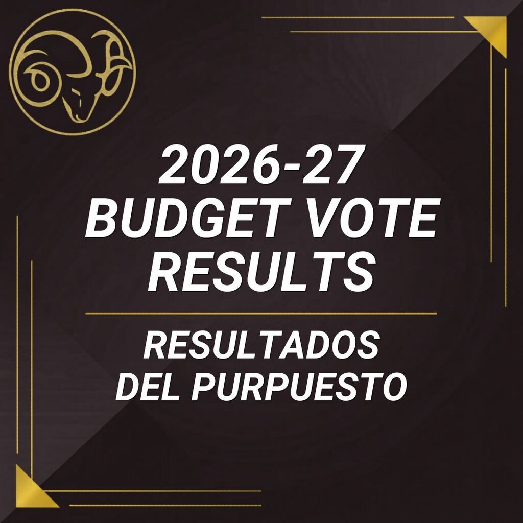 A dark, abstract background with diagonal lines creating geometric shapes and a subtle circular gradient in the center with text that reads 2026-27 Budget Vote Results/Resultados Del Purpuesto
