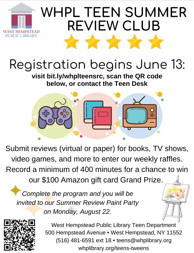teen summer review club, registration begins june 13, scan qr code to register