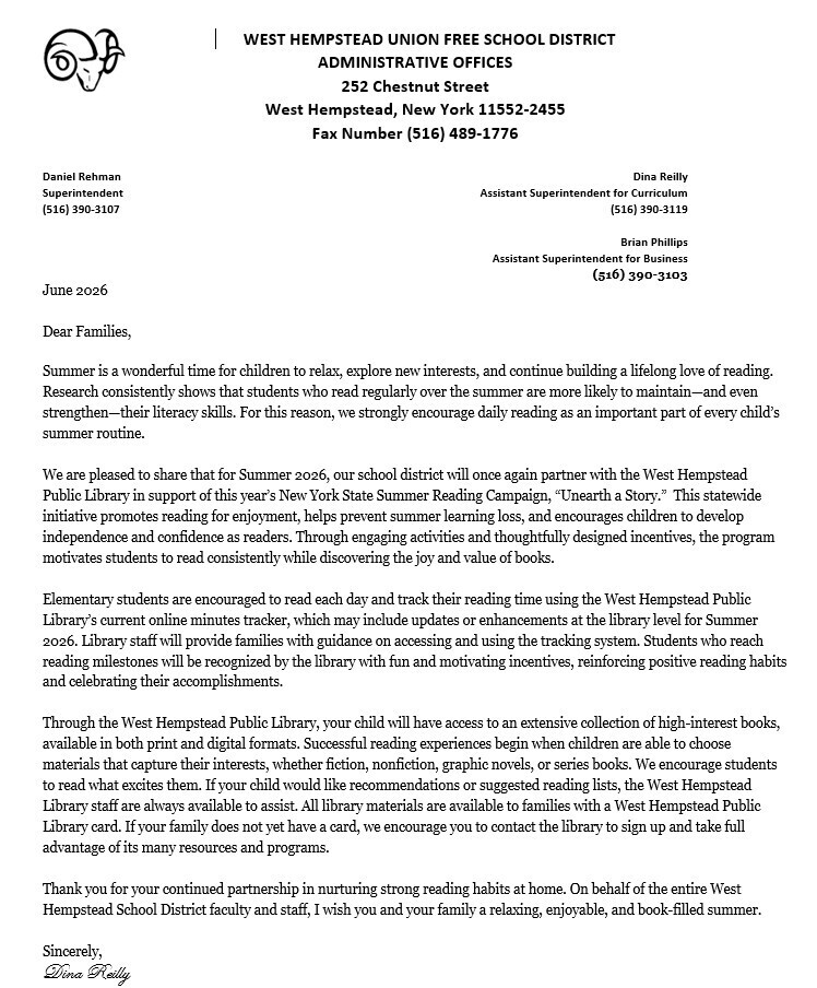 elementary summer reading letter