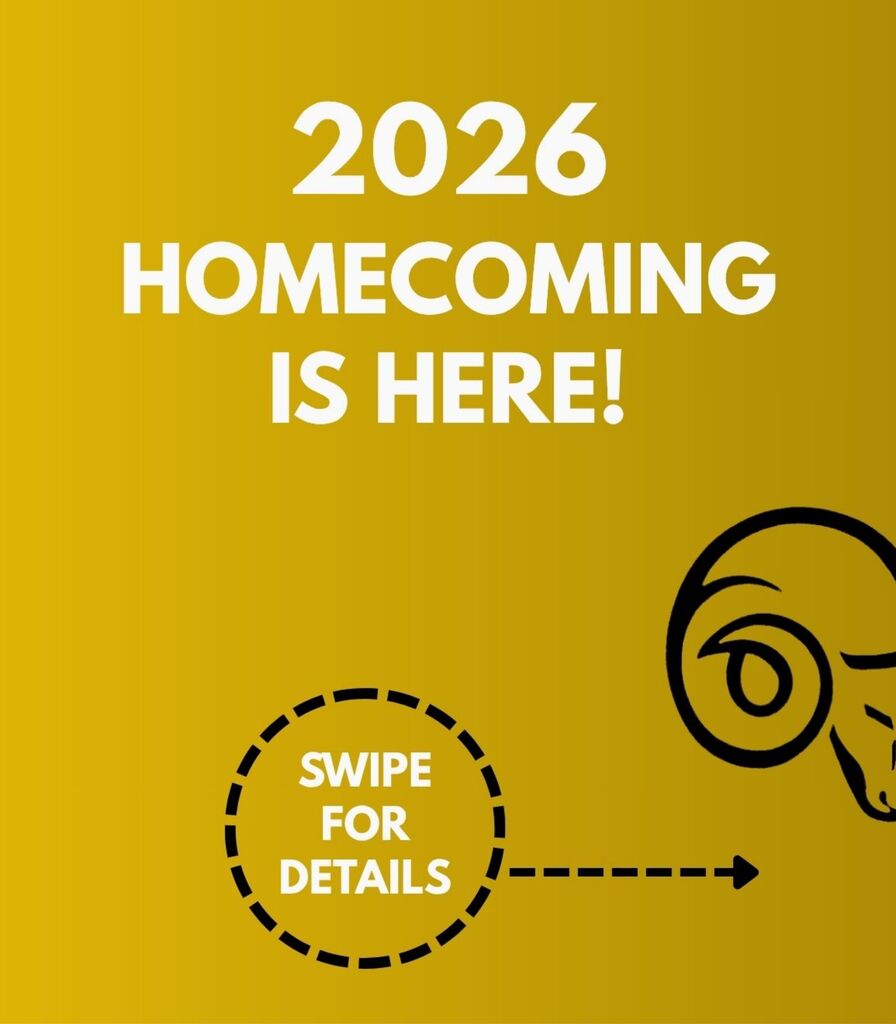 Gold background with text “2026 Homecoming is here!” above a ram’s horn graphic and a dashed circle saying “Swipe for details” with an arrow pointing right.