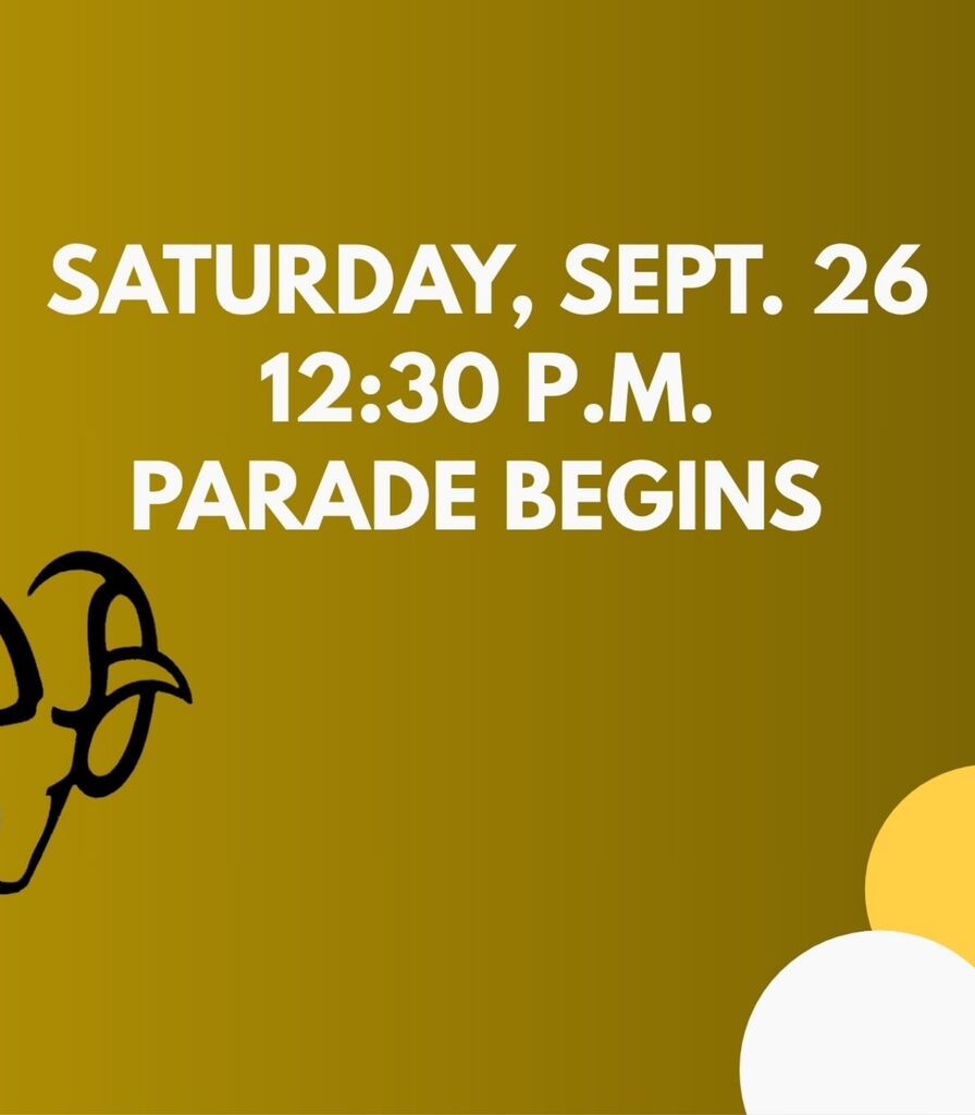 Event poster on a golden-yellow background announces, “Saturday, Sept. 26, 12:30 P.M. Parade begins,” with partial cartoon figure at left.