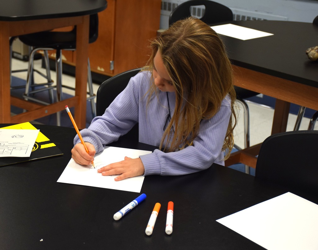 Photo of student drawing a picture at her desk.
