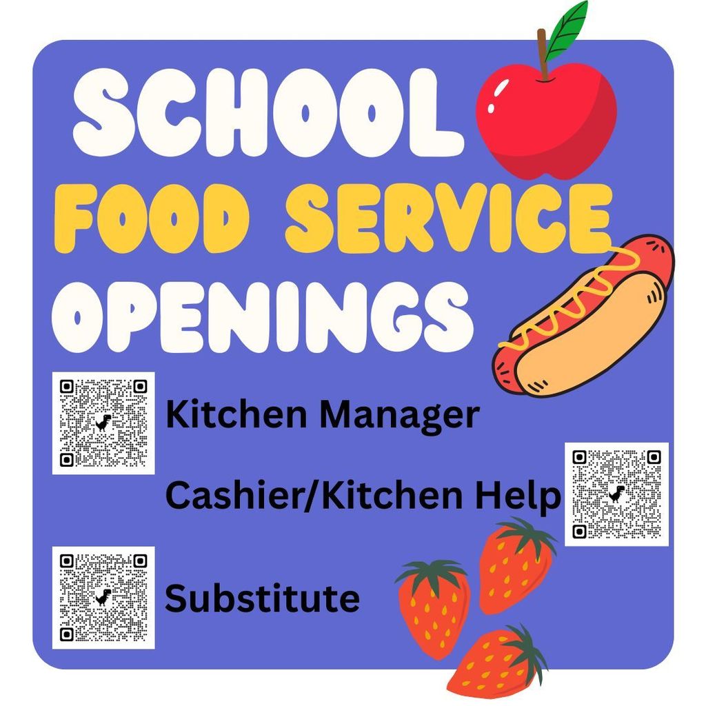 West Holt Public Schools cafeteria is looking for help. By scanning the provided QR Codes, you can access detailed information about the available positions and how to apply. Whether you're looking to contribute as a part time or full time, the cafeteria welcomes your interest and involvement. For any questions or additional information, please feel free to reach out directly by calling 402-925-2848. Your support and enthusiasm in joining the team would be greatly appreciated, and the school community looks forward to welcoming new members to help provide nutritious meals to students.