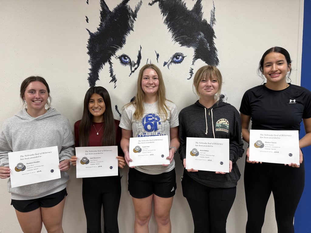 West Holt students officially received their Nebraska Seals of Biliteracy in Spanish! West Holt had six recipients out of the 118 students across the entire state of Nebraska. Great job ladies! Left to right is Madalyn, Anel, Taylor, Alyssa, and Monica. Not pictured is Mady Kramer.