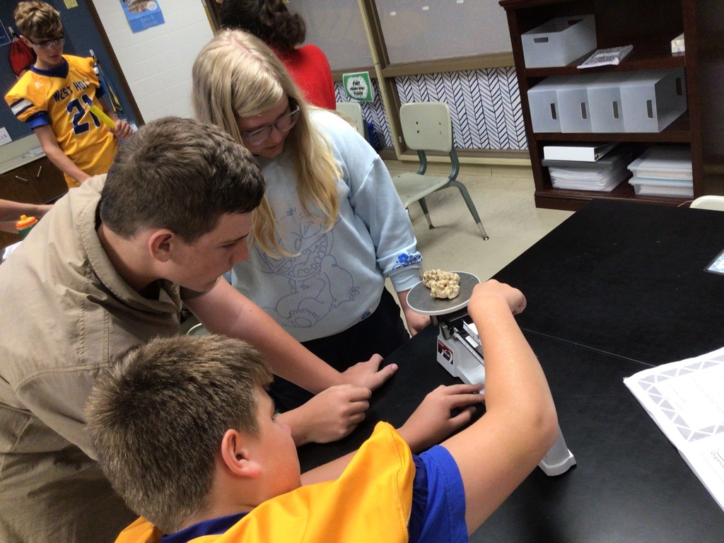 3 students work with a triple beam balance to find the mass of a rock, while additional students in the background work to measure volume with a graduated cylinder.