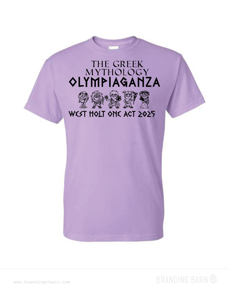 Orchid purple t-shirt with 5 cartoon-like Greek gods & goddesses. Includes the text "The Greek Mythology Olympiaganza" and "West Holt One Act 2025"