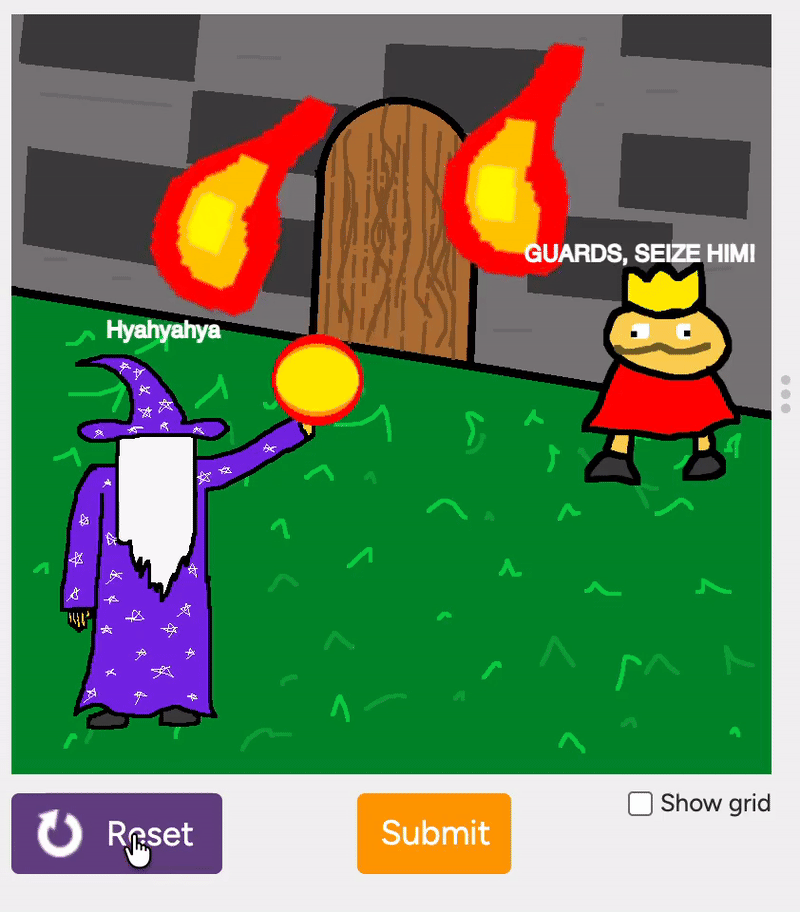 An animated scene with a purple wizard and a king in red. The wizard sends a fireball toward the king and says "hyahyahya" while the king shouts, "Guards, seize him!"