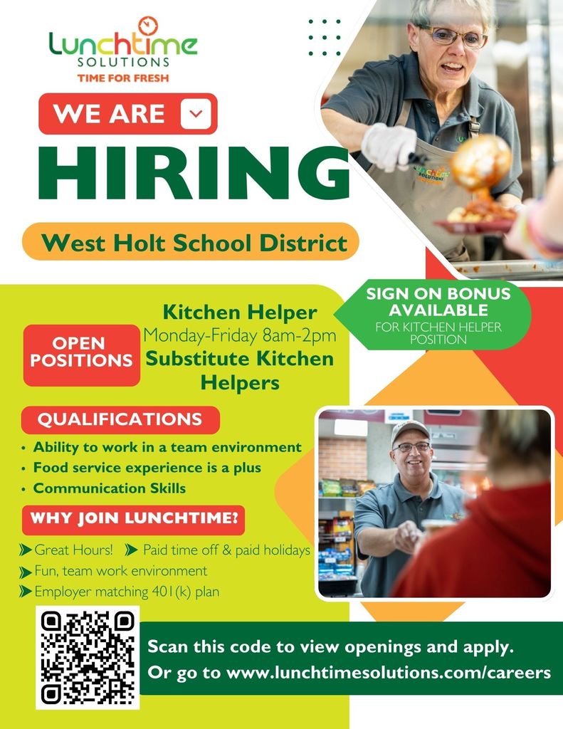 Lunchtime Solutions is hiring at Kitchen Helper at West Holt! Scan the QR Code for openings and apply. Sign on Bonus available!
