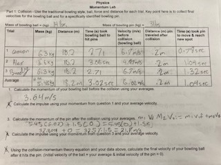 Physics Bowling Lab Sample Data 