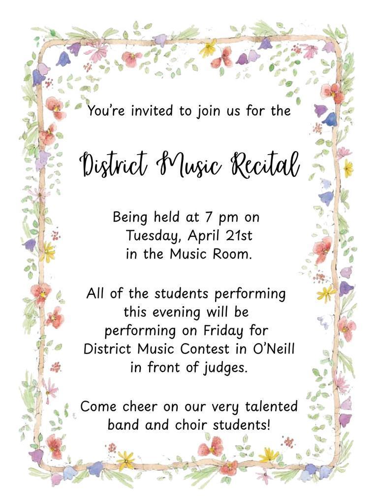 Invitation to the District Music Recital tonight at 7 pm
