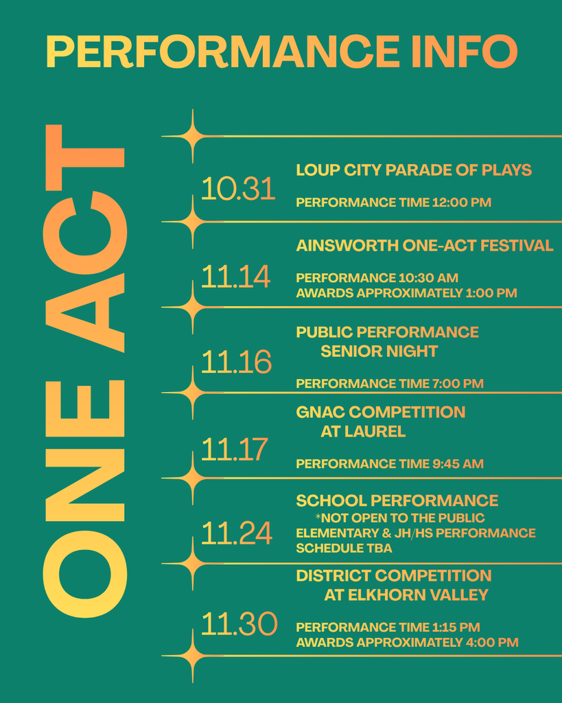 One Act Performance Schedule: 10-31 Loup City Parade of Plays, Performance Time 12:00PM. 11-14 Ainsworth One-Act Festival, Performance 10:30 am, Awards approximately 1:00PM. 11-16 West Holt Public Performance & Senior Night, Performance time 7:00pm. 11-17 GNAC Competition at Laurel, Performance time 9:45am. 11-24 School Performance, Not open to the public, Elementary and JH/HS performance schedule TBA. 11-30 District Competition at Elkhorn-Valley, Performance Time 1:15pm, Awards approximately 4:00pm