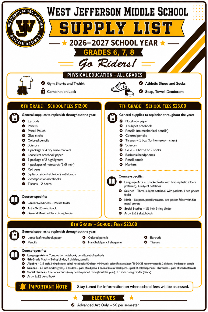 2026-2027 Updated Middle School Supply List