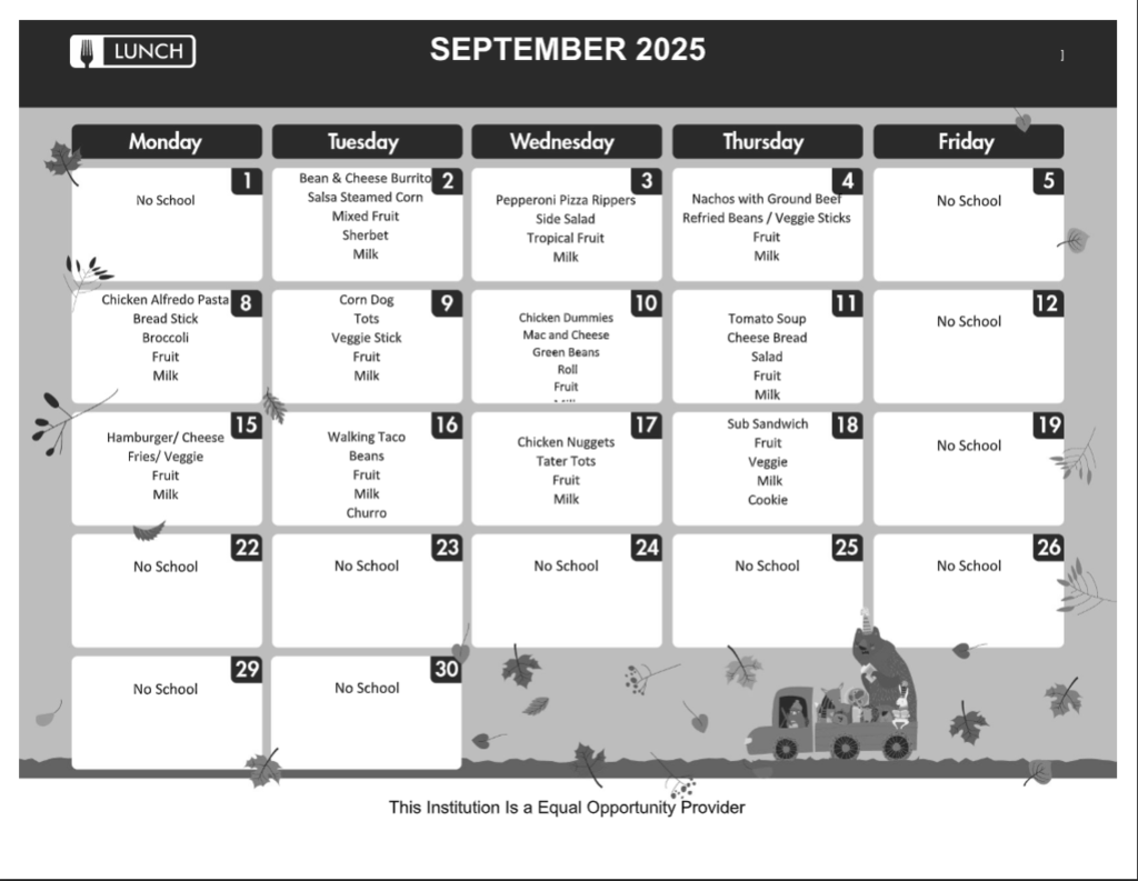 September 2025 Lunch Menu