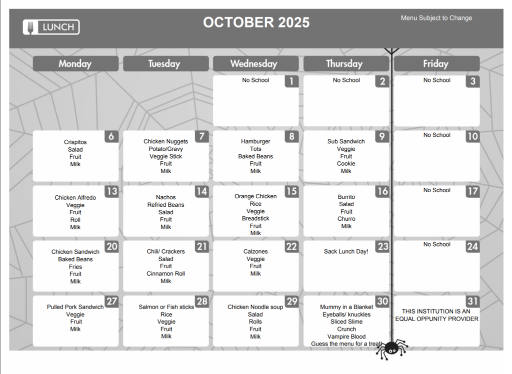 Oct. 2025 Lunch Menu
