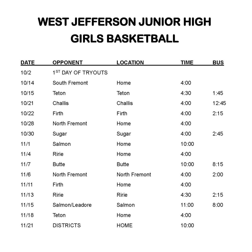 JH Girls Basketball Schedule