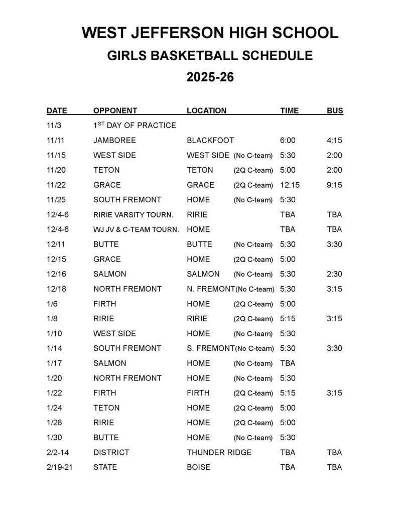 HS Girls Basketball Schedule