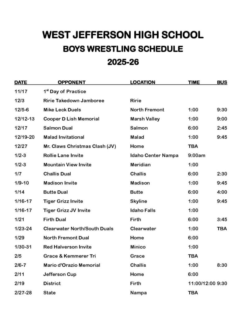 HS Boys Wrestling Schedule