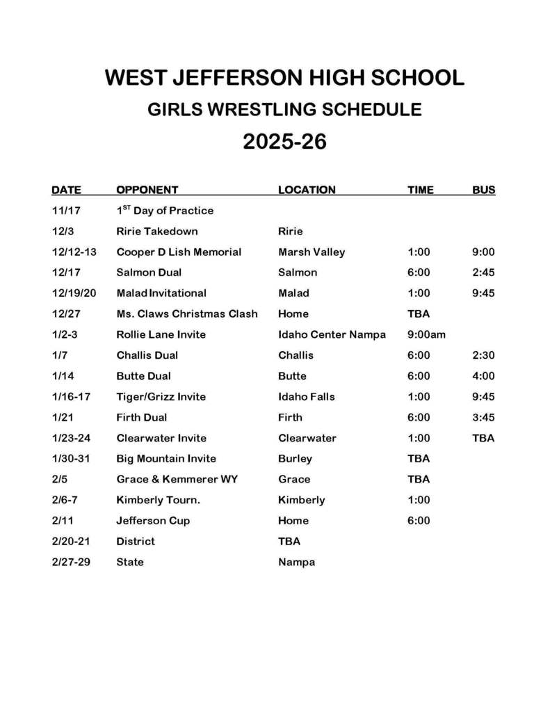 HS Girls Wrestling Schedule