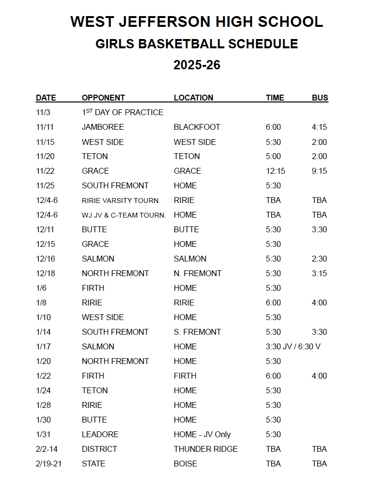 HS Girls Basketball Schedule