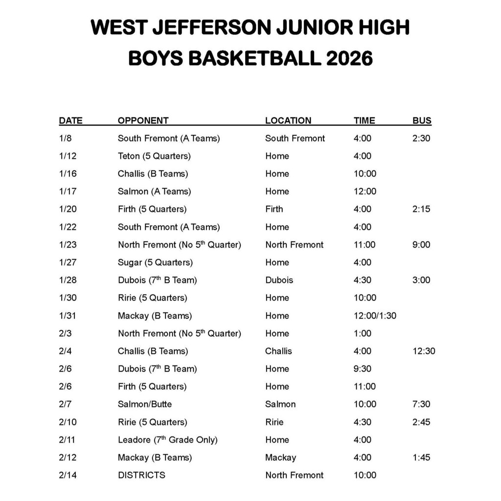 JH Boys Basketball Schedule