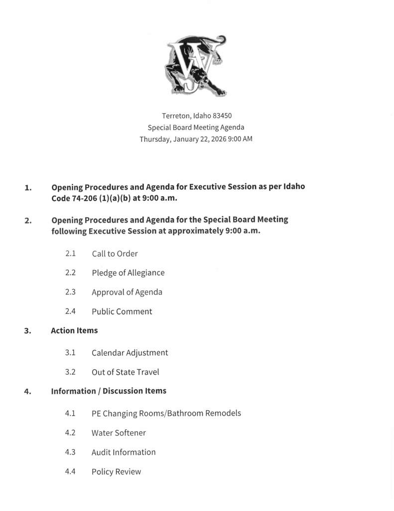 Special Board Meeting Agenda