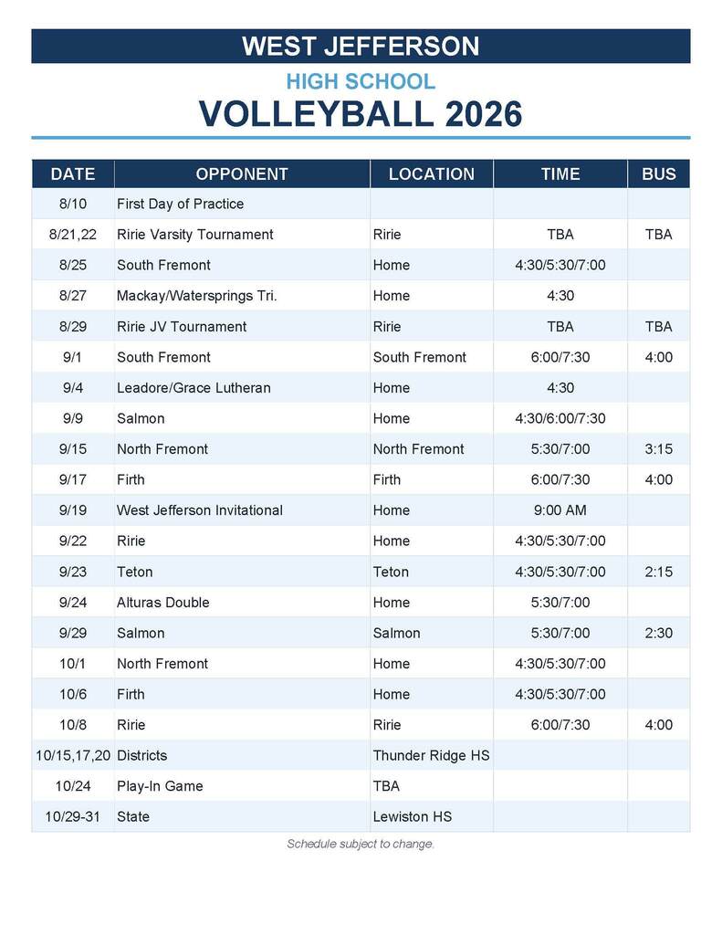 2026 HS Volleyball Schedule