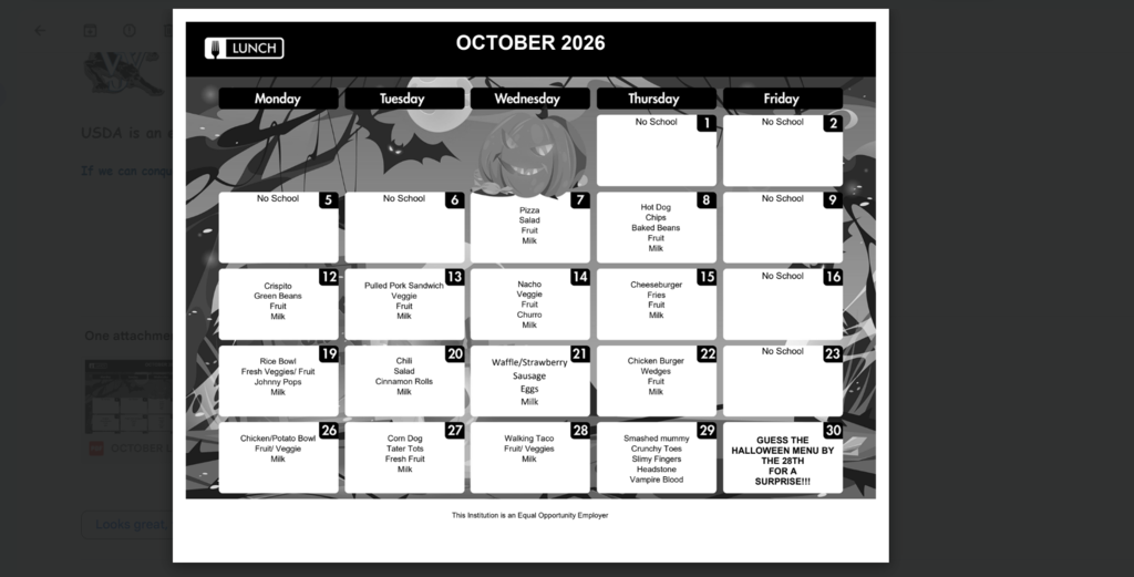 Oct 26 Lunch Menu