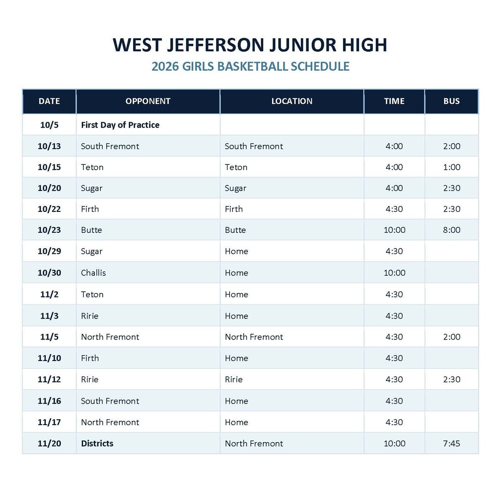 JH Girls Basketball Schedule