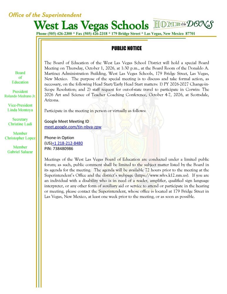 10-1-26 Special Board Meeting Public Notice