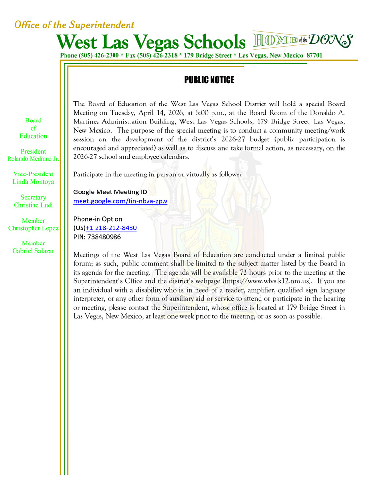 4-14-26 Special Board Meeting Public Notice