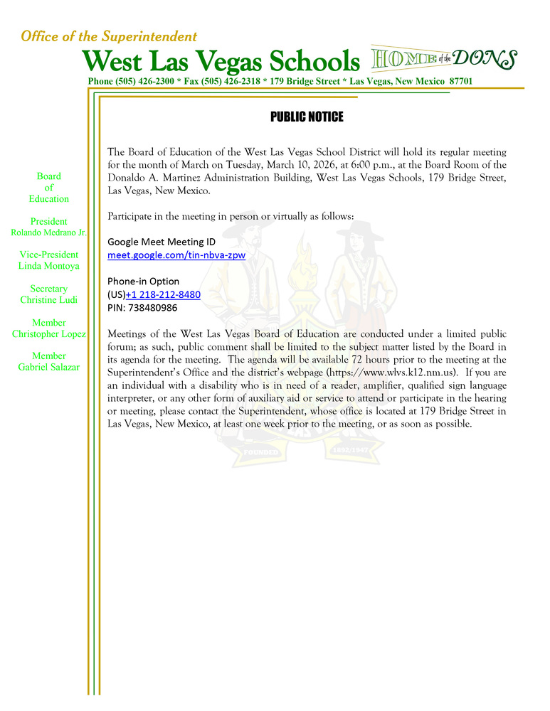 3/10/26 Regular Board Meeting Public Notice