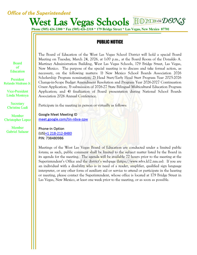 3-24-26 Special Board Meeting Public Notice