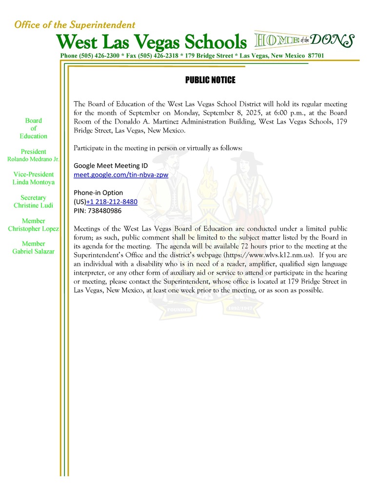 9-8-25 Regular Board Meeting Public Notice