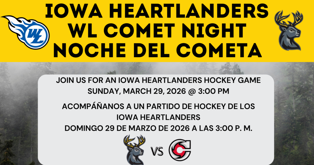 Join us for an Iowa Heartlanders Hockey Game: Sunday, March 29, 2026 at 3:00 pm