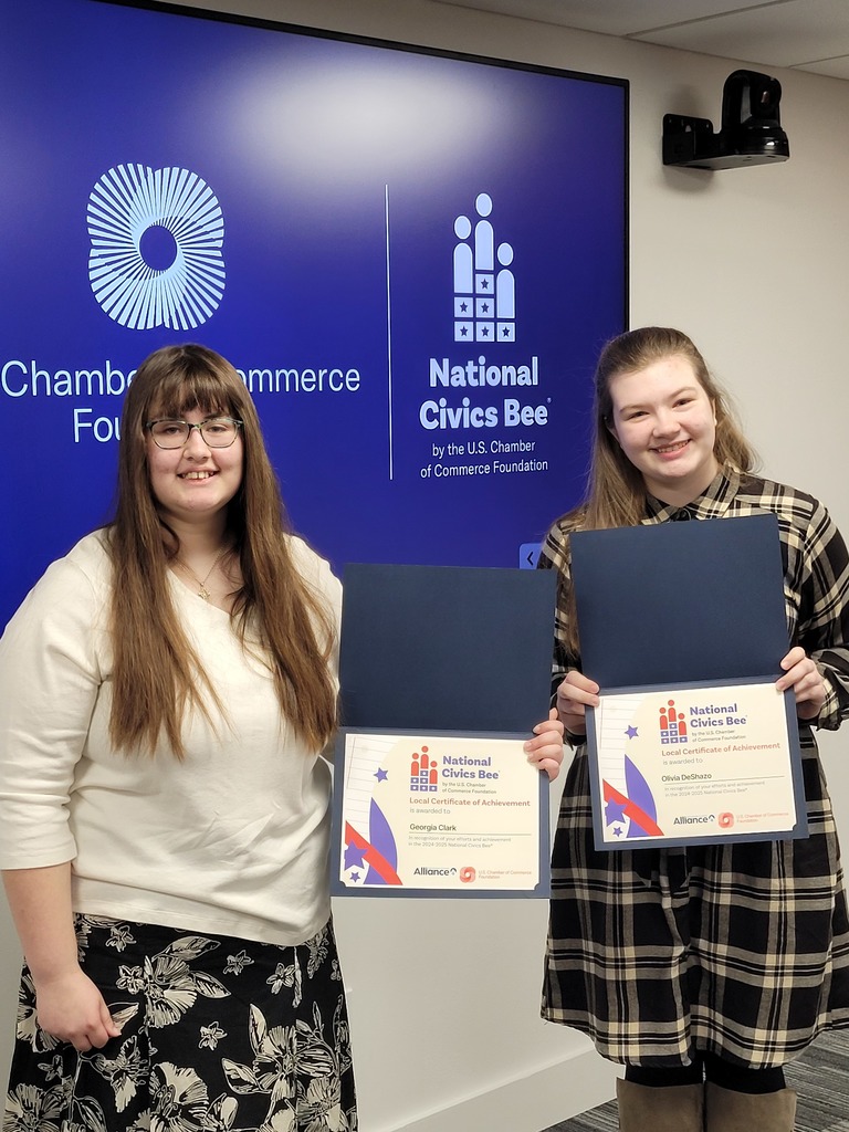 In the 2025 National Civics Bee held in Des Moines, Olivia DeShazo placed 4th and Georgia Clark placed 1st! Both girls were given free tablets, and Georgia was awarded $500. Georgia will go on to the next round in August to compete against 11 other finalists for $1000 and the chance to go to to Washington D.C.