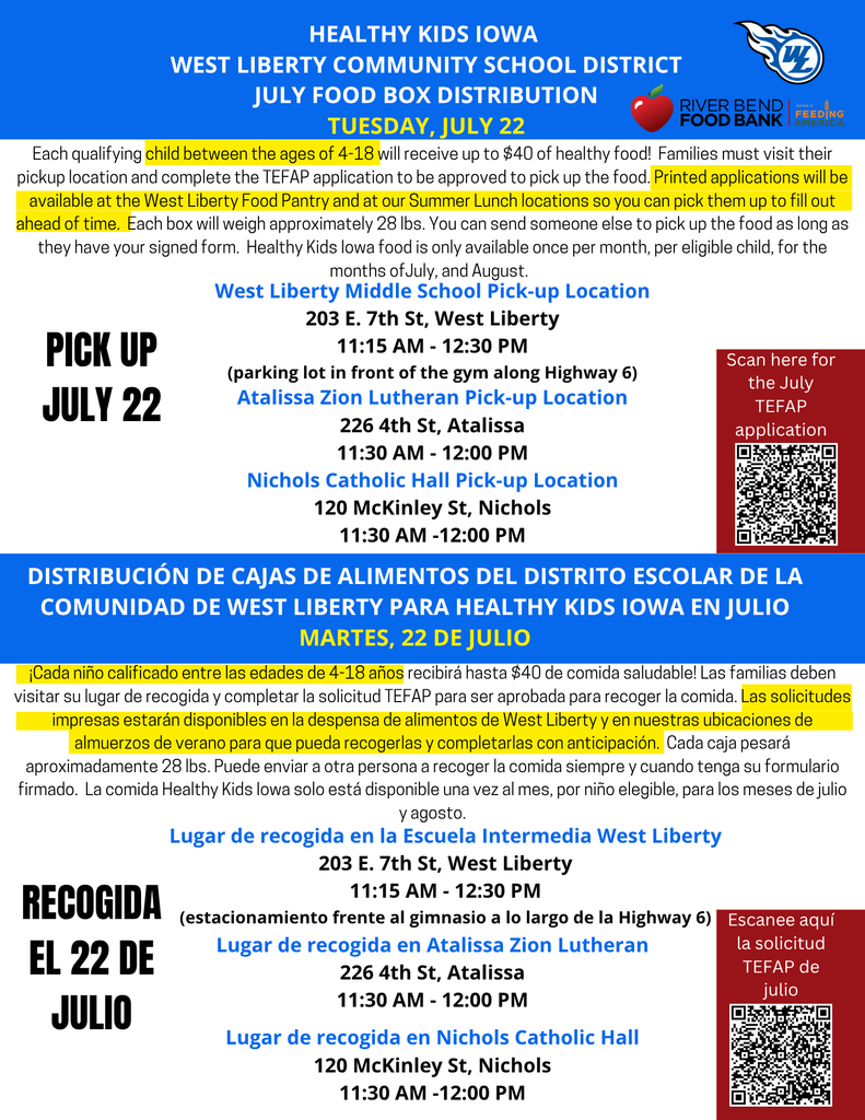 Healthy Kids Iowa Food Distribution on Tuesday, July 22nd, 2025