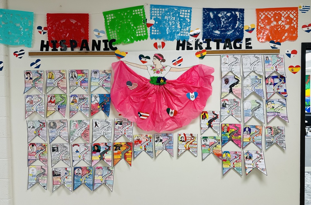 Celebrating Hispanic Heritage Month at West Liberty Middle School!  7th grade Spanish World Cultures in Ms. Fernandez’s class, researched about a famous historic Hispanic person and wrote a small biography about them.  Mrs. Putney has decorated our school library and highlighted some great books for students to check out!