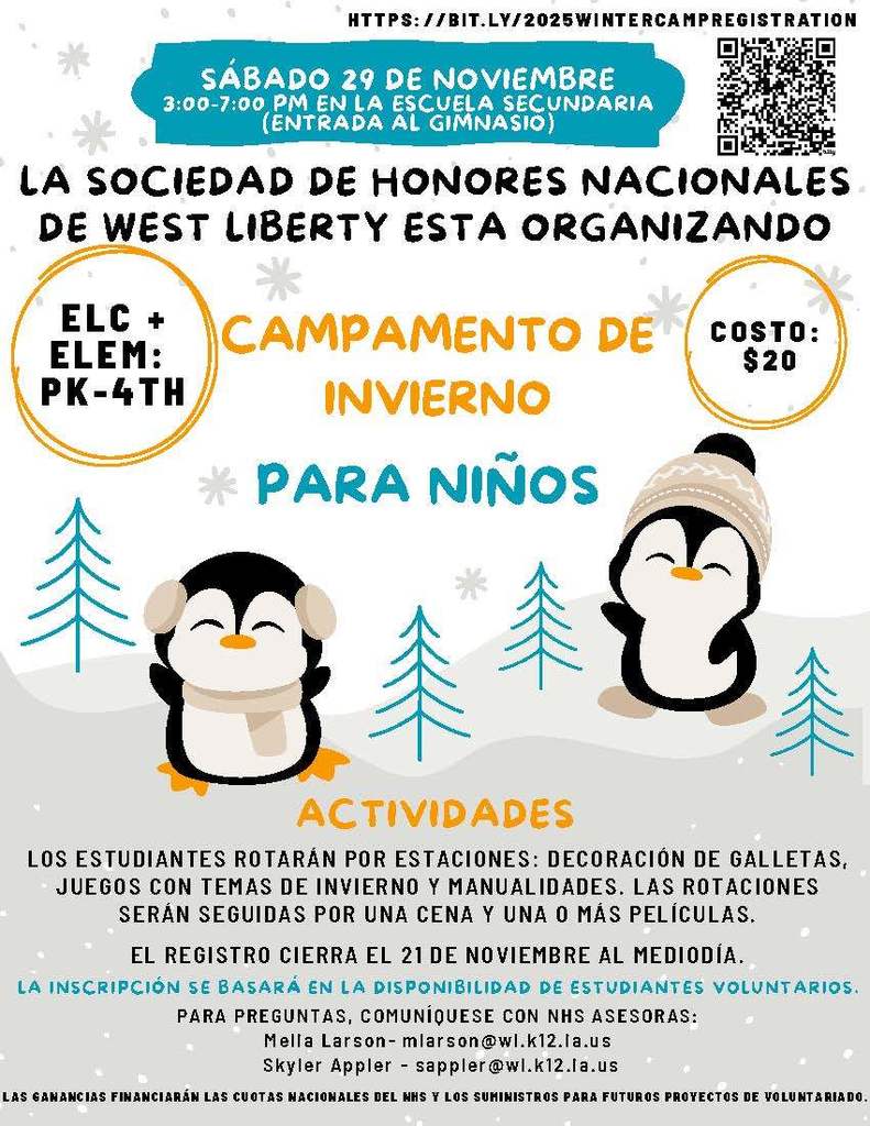 2025 NHS Kids Winter Camp Registration Flyer - Spanish