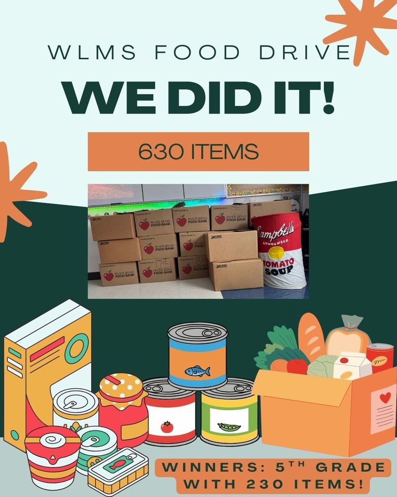 Congratulations to the 5th graders for bringing in the most items for the middle school's food drive. They brought in 230 of the school's total 630 items! Great job all, and thank you to everyone that donated!