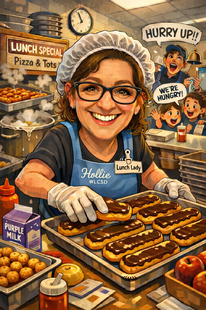 Hollie serving long johns at West Liberty Middle School AI version