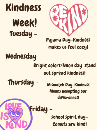 Reminder: the middle school will be participating in World Kindness Week with dress up days this week, February 17th-20th!