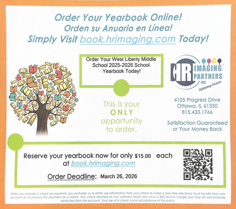 It's time for the Middle School Student Council 2025-26 yearbook sales! Books are $15 each and can be purchased through the office with cash or a check, or they can be purchased through the link: book.hrimaging.com Orders are due Thursday, March 26th