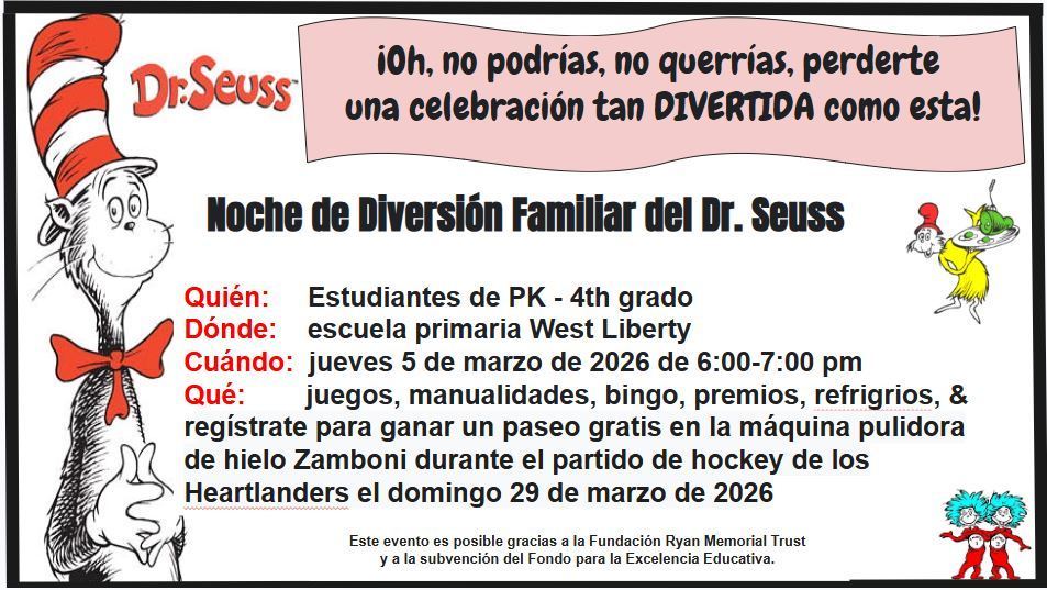 Dr Seuss Family Fun Night - March 5th, 2026  at 6:00 pm - Spanish