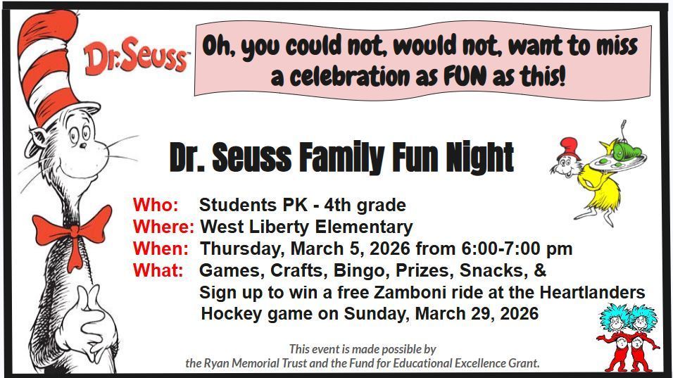 Dr Seuss Family Fun Night - March 5th, 2026  at 6:00 pm - English